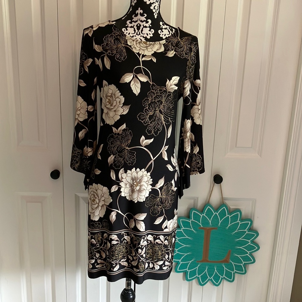 Fabulous black with cream, tan, brown & gold floral printed rounded necked dress